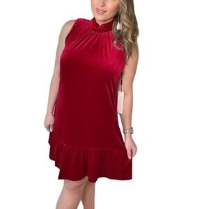 Calvin Klein Red Velvet Mock Neck Dress Tiered Ruffle Womens 4 Turtleneck Party